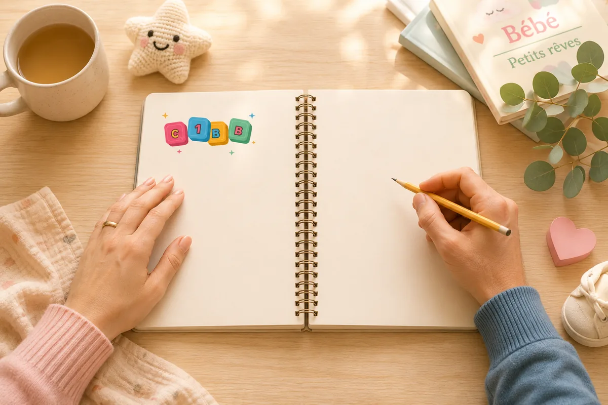 Deux futurs parents devant une page blanche, un crayon à la main, cherchant le prénom de leur bébé