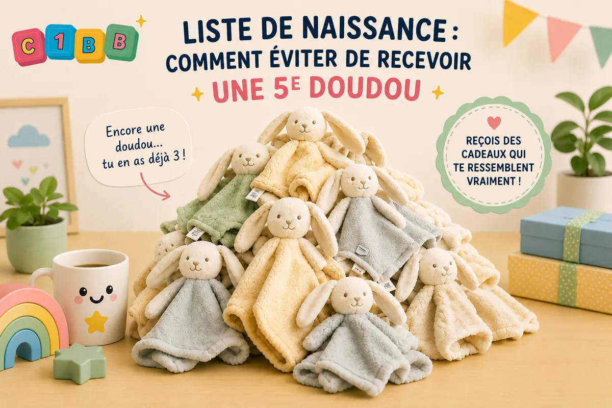 Une pile de cadeaux de bébé identiques face à une liste de naissance bien organisée