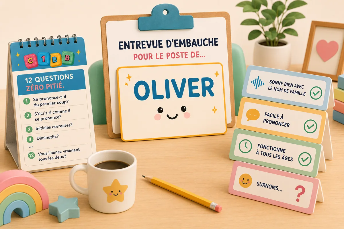 Un prénom passe une entrevue d'embauche : tableau « Oliver » et calepin de 12 questions